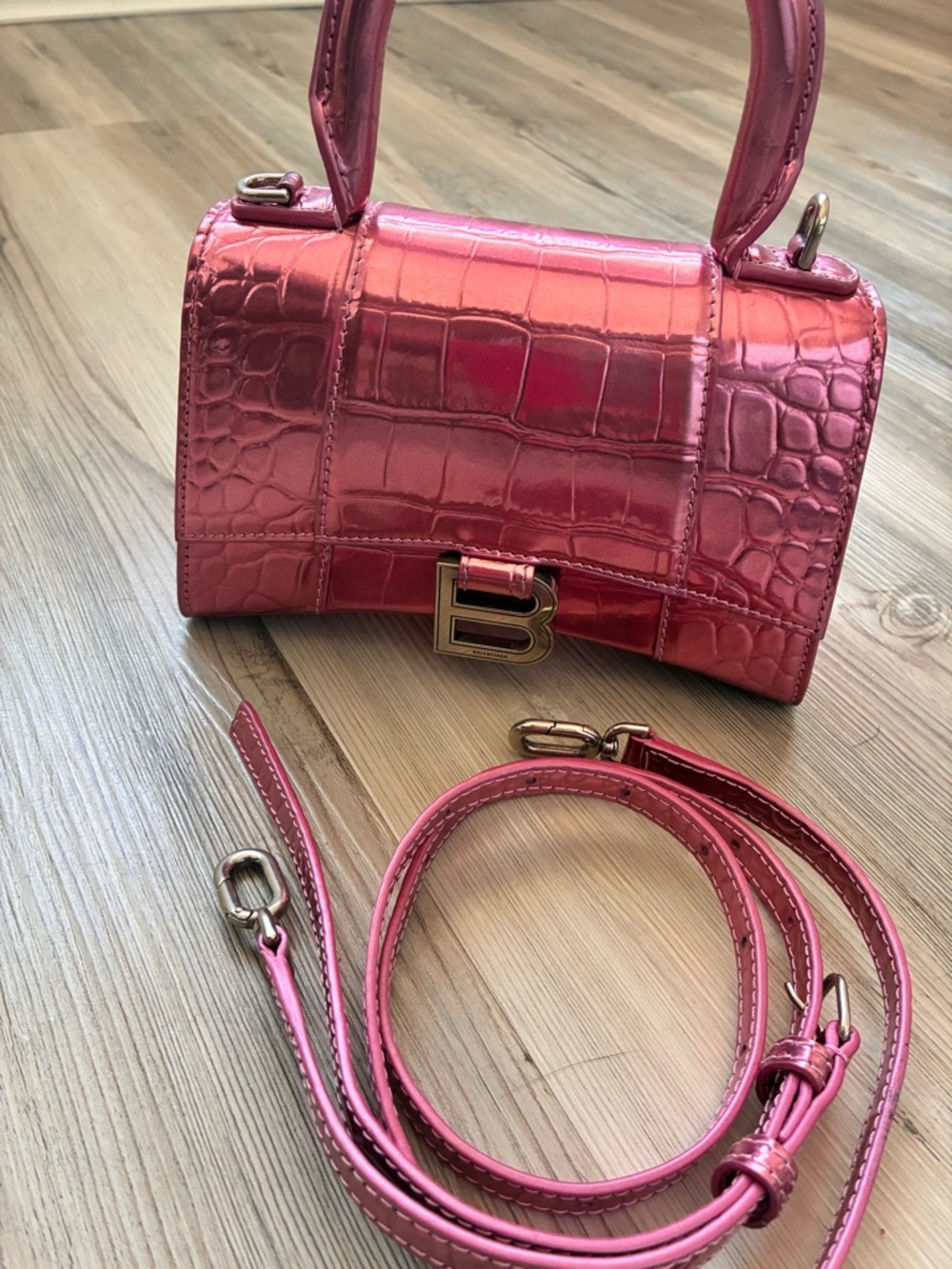 Balenciaga Metallic Fuchsia Croc-Embossed Hourglass Satchel - Picture 15 of 15